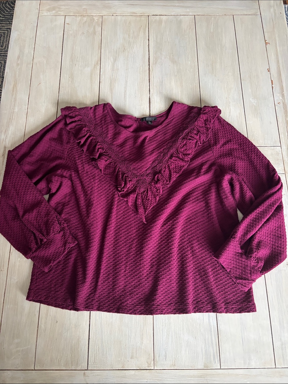 J Crew Wine Burgundy Plum Ruffle Blouse XL